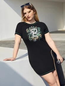 SHEIN Coolane Plus Dragon Print Bodycon Dress - Black - View 3