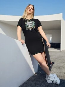 SHEIN Coolane Plus Dragon Print Bodycon Dress - Black - View 4