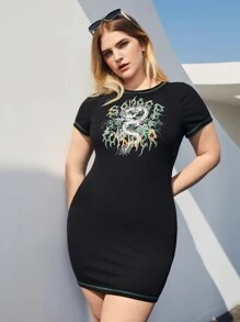 SHEIN Coolane Plus Dragon Print Bodycon Dress - Black - View 6