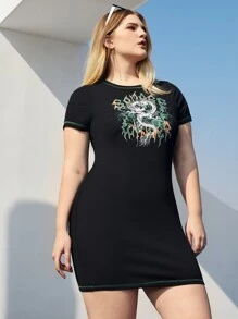 SHEIN Coolane Plus Dragon Print Bodycon Dress - Black - View 7