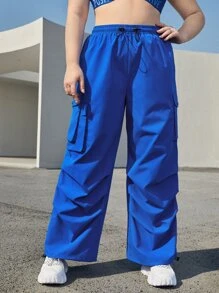 SHEIN Coolane Hơn Quần nhảy dù Cargo Cao eo Túi nắp bên cạnh - Xanh đậm - Xem 5