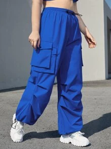 SHEIN Coolane Hơn Quần nhảy dù Cargo Cao eo Túi nắp bên cạnh - Xanh đậm - Xem 7