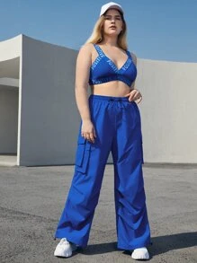 SHEIN Coolane Hơn Quần nhảy dù Cargo Cao eo Túi nắp bên cạnh - Xanh đậm - Xem 8