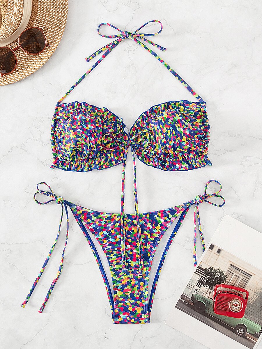 全版印花綁帶頸後綁式夏季沙灘比基尼套裝 - 彩色 - 查看 1