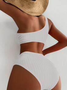 SHEIN Swim 夏季海灘單肩高腰比基尼套裝 - 白色 - 查看 4