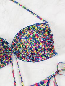 全版印花綁帶頸後綁式夏季沙灘比基尼套裝 - 彩色 - 查看 5