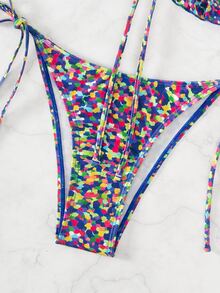 全版印花綁帶頸後綁式夏季沙灘比基尼套裝 - 彩色 - 查看 6