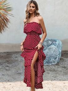 SHEIN VCAY Polka Dot Ruffle Trim Split Thigh Tube Dress - Burgundy - View 3