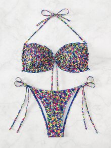 全版印花綁帶頸後綁式夏季沙灘比基尼套裝 - 彩色 - 查看 7