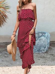 SHEIN VCAY Polka Dot Ruffle Trim Split Thigh Tube Dress - Burgundy - View 4