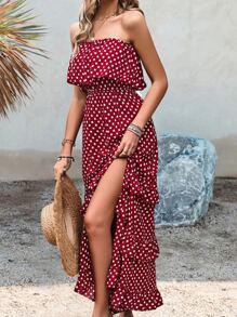 SHEIN VCAY Polka Dot Ruffle Trim Split Thigh Tube Dress - Burgundy - View 5