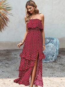 SHEIN VCAY Polka Dot Ruffle Trim Split Thigh Tube Dress - Burgundy - View 6