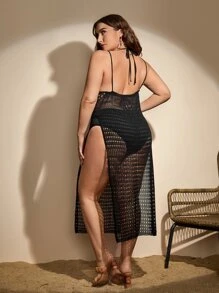 Plus Hollow Out Split Thigh Cover Up Dress Without Bikini Set - Black - View 2