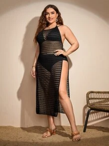 Plus Hollow Out Split Thigh Cover Up Dress Without Bikini Set - Black - View 3