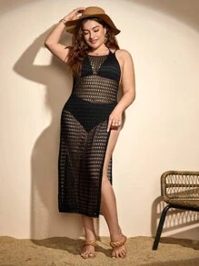 Plus Hollow Out Split Thigh Cover Up Dress Without Bikini Set - Black - View 5