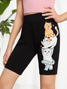 SHEIN Girls Cartoon Cat Print Cycling Shorts - Black - View 2
