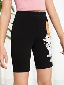 SHEIN Girls Cartoon Cat Print Cycling Shorts - Black - View 7