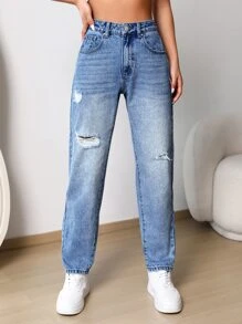拉鏈門襟破洞媽媽牛仔褲 - 淺色水洗藍 - 查看 1