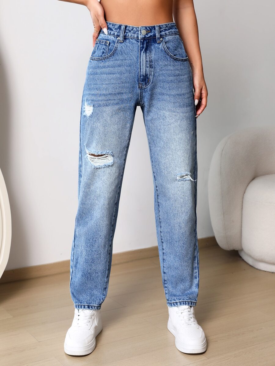 拉鏈門襟破洞媽媽牛仔褲 - 淺色水洗藍 - 查看 1