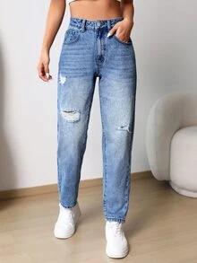 拉鏈門襟破洞媽媽牛仔褲 - 淺色水洗藍 - 查看 3