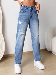 拉鏈門襟破洞媽媽牛仔褲 - 淺色水洗藍 - 查看 4