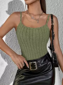 SHEIN Essnce Áo hai dây Gân đan màu trơn Giải trí - xanh quân đội - Xem 1