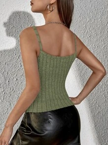 SHEIN Essnce Áo hai dây Gân đan màu trơn Giải trí - xanh quân đội - Xem 2