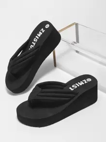 Women Black Letter Graphic Flip Flops, Fashionable Toe Post Slippers For Daily - Black - View 1
