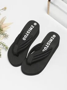 Women Black Letter Graphic Flip Flops, Fashionable Toe Post Slippers For Daily - Black - View 2