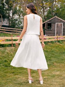 SHEIN LUNE Solid Tank Top & Button Front Skirt - White - View 10