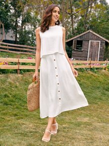 SHEIN LUNE Solid Tank Top & Button Front Skirt - White - View 11