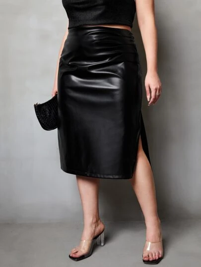 SHEIN Privé 大碼高衩亮面半身裙