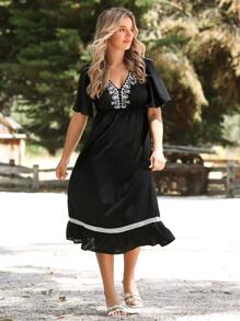 EMERY ROSE Vestido con diseño bordado bajo con fruncido - Negro - Ver 6