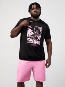 EASEVO Men Plus Slogan & Red-Crowned Crane Print Tee & Shorts - Black - View 3