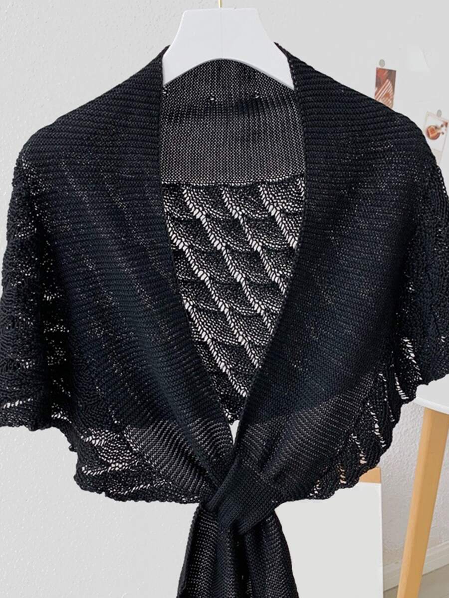 1pc Ladies' Stylish Solid Color Knitted Hollow Out Shawl Scarf For Autumn And Winter - Black - View 1