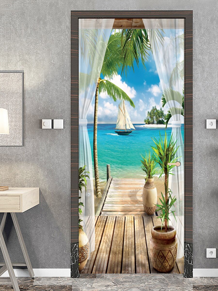 1pc Scenery Pattern Door Sticker, Stickers, Wall Decal, Vinyl Decal For Home Decorations, Spring Decoration Items Refresh Your Home, Rama Decoration Stickers - Multicolor - View 1