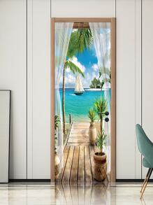 1pc Scenery Pattern Door Sticker, Stickers, Wall Decal, Vinyl Decal For Home Decorations, Spring Decoration Items Refresh Your Home, Rama Decoration Stickers - Multicolor - View 9