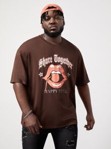 Manfinity Hombres Camiseta con estampado de figura y letra - Marrón Chocolate - Ver 1