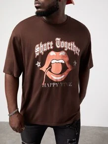 Manfinity Hombres Camiseta con estampado de figura y letra - Marrón Chocolate - Ver 3