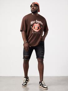 Manfinity Hombres Camiseta con estampado de figura y letra - Marrón Chocolate - Ver 4