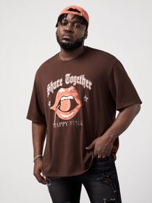 Manfinity Hombres Camiseta con estampado de figura y letra - Marrón Chocolate - Ver 5