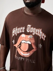 Manfinity Hombres Camiseta con estampado de figura y letra - Marrón Chocolate - Ver 6