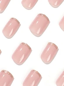 Upgrade Your Look With 24pcs Short Square Pink Ombre Golden Edge Glitter Fake Nail & 1sheet Tape & 1pc Nail File Nails - Multicolor - View 5