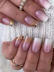 Upgrade Your Look with 24pcs Long Square Pink Ombre Sequins Fake Nail & 1sheet Tape & 1pc Nail File - Multicolor - View 1