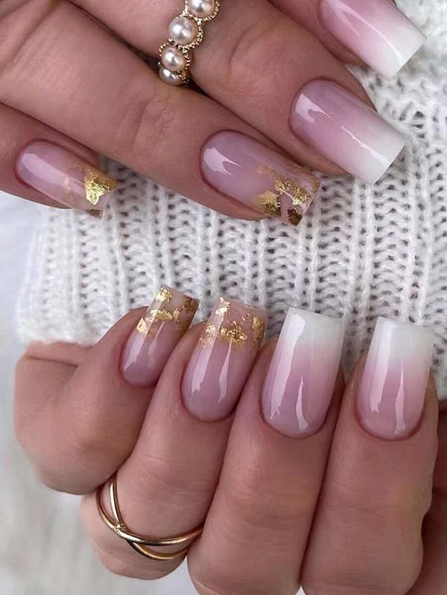 Upgrade Your Look with 24pcs Long Square Pink Ombre Sequins Fake Nail & 1sheet Tape & 1pc Nail File - Multicolor - View 1