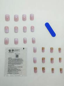Upgrade Your Look with 24pcs Long Square Pink Ombre Sequins Fake Nail & 1sheet Tape & 1pc Nail File - Multicolor - View 2