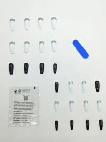用24入組長棺材黑白閃光假指甲和1張膠帶和1入組指甲銼升級您造型 - 彩色 - 查看 2