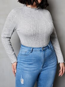 SHEIN Privé Plus Lettuce Trim Ribbed Knit Bodysuit - Light Grey - View 5