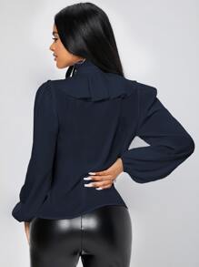 SHEIN PETITE Ruffle Trim Jabot Collar Shirt - Navy Blue - View 2