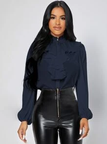 SHEIN PETITE Ruffle Trim Jabot Collar Shirt - Navy Blue - View 3